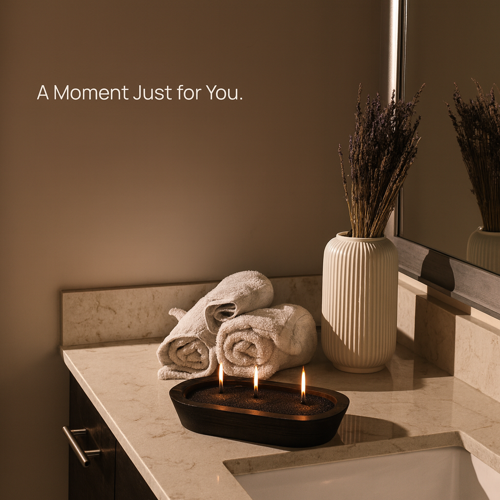 Tula black candle sand glowing in a dark wooden bowl on a bathroom vanity with rolled towels and a ceramic vase of dried lavender. Calming spa-like ambiance ideal for self-care, stress relief, home rituals, and intentional living. Text overlay reads “A Moment Just for You.