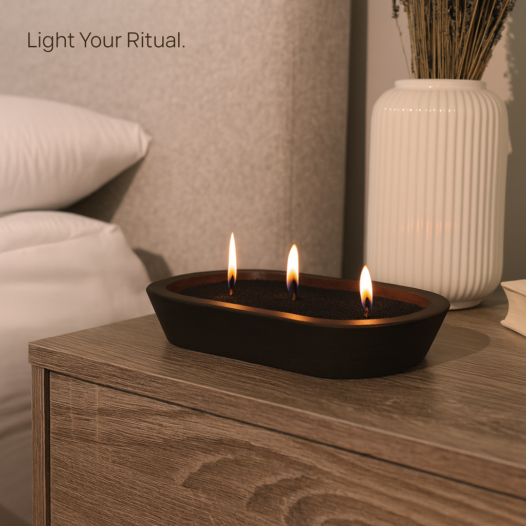 Refillable candles. Tula black candle sand displayed in a dark wooden bowl on a bedside nightstand, with a white ribbed vase and neutral decor in the background. Ideal for relaxation, bedtime rituals, and mindful moments.
