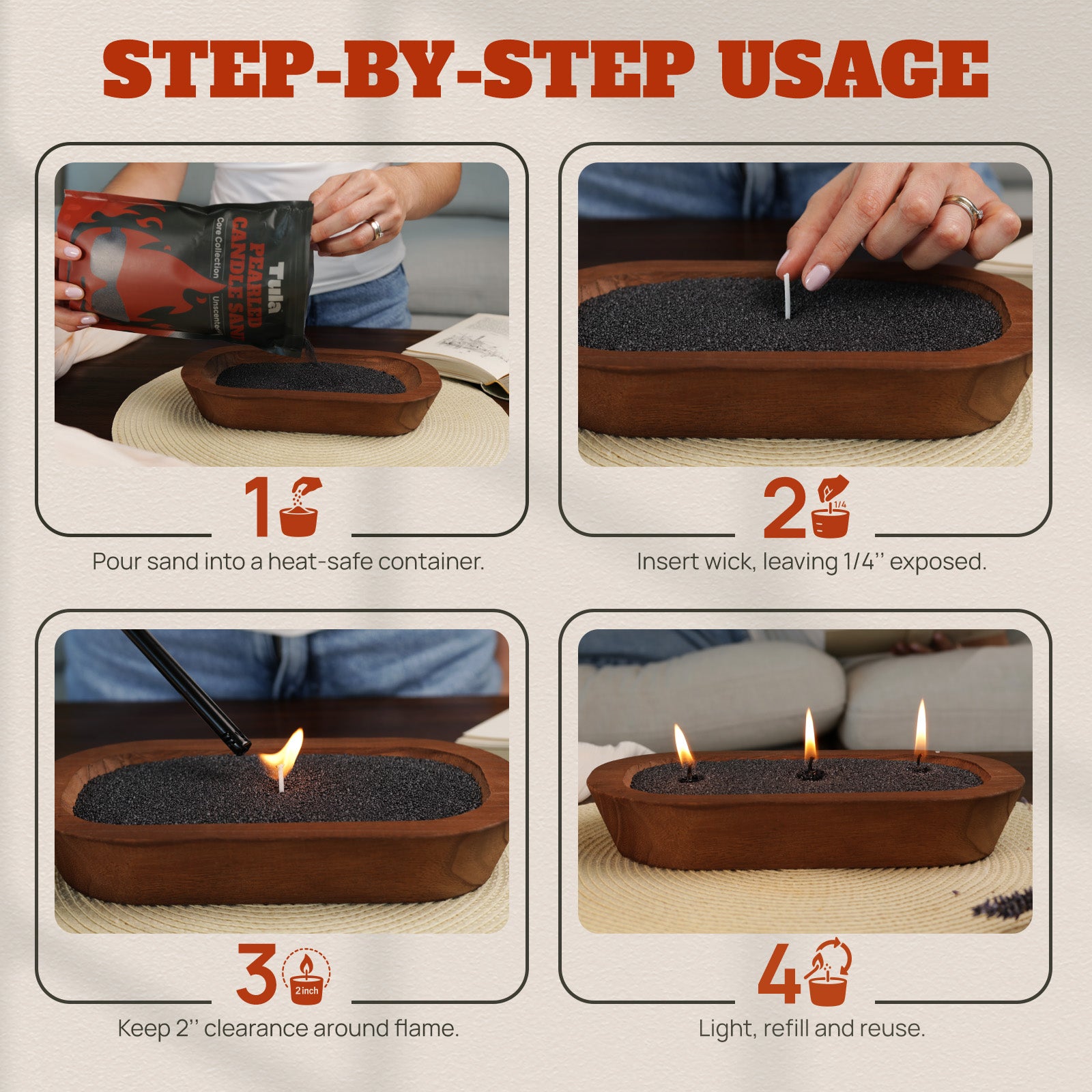 Step-by-step visual guide for using Tula black candle sand. Instructions include: pouring sand into a heat-safe container, inserting the wick with ¼" exposed, maintaining 2" clearance around the flame, and relighting as needed. Ideal for DIY candle lovers and eco-friendly home rituals.