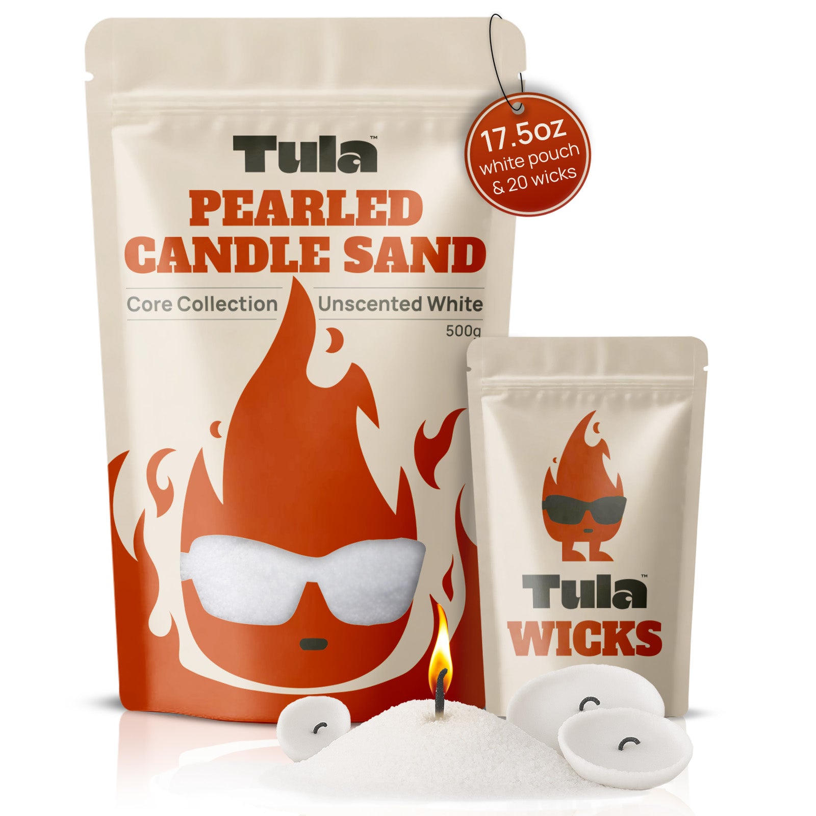 Refillable candle kit / candle sand kit. Tula Pearled Candle Sand Core Collection in unscented white, featuring 500g eco-friendly wax pearls and 20 cotton wicks. Product image on white background for clean presentation and high conversion.