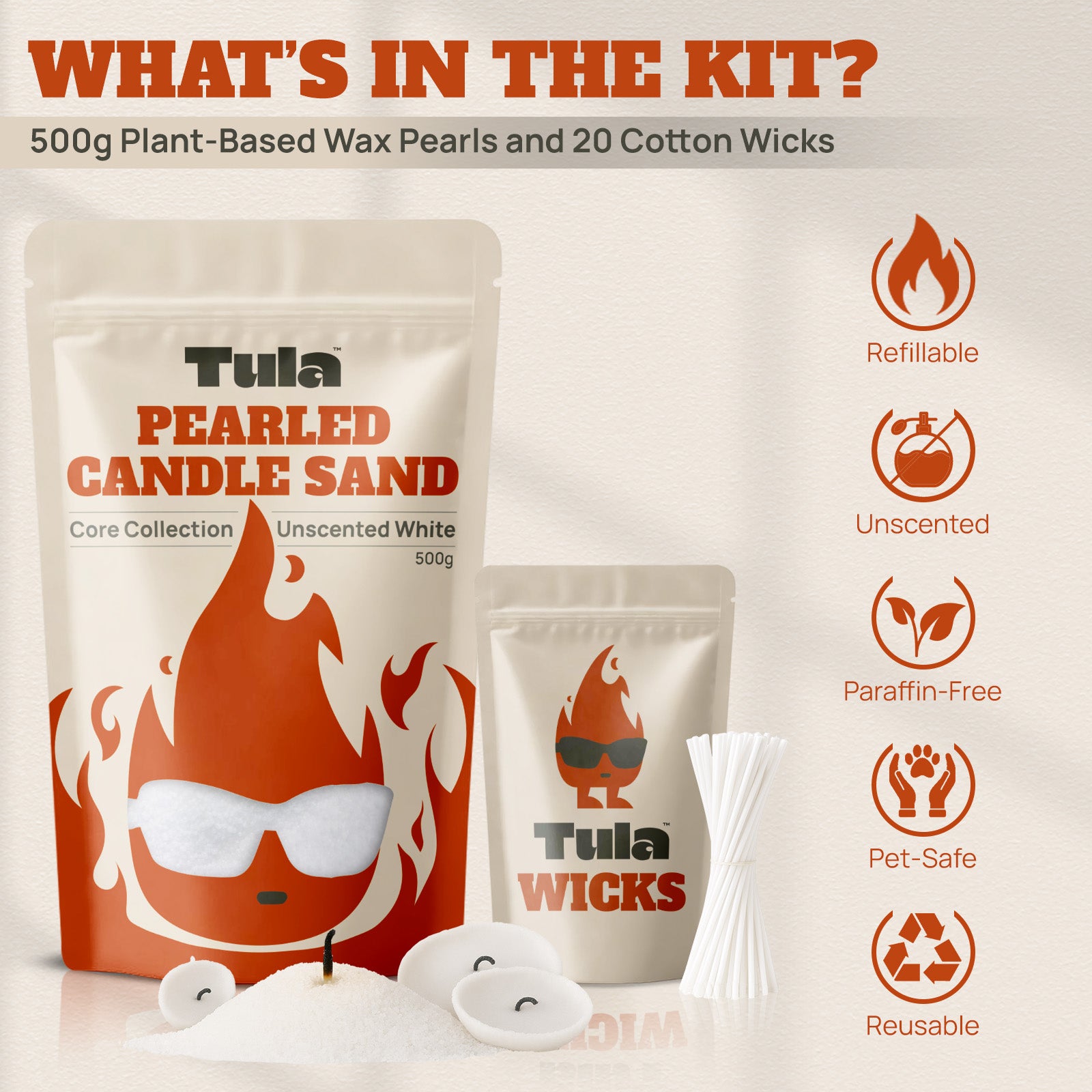 Refillable candle kit / candle sand kit. Tula candle sand kit showing 500g of plant-based wax pearls and 20 cotton wicks, highlighting features: refillable, unscented, paraffin-free, pet-safe, and reusable. Eco-friendly and designed for custom, intentional candle rituals.