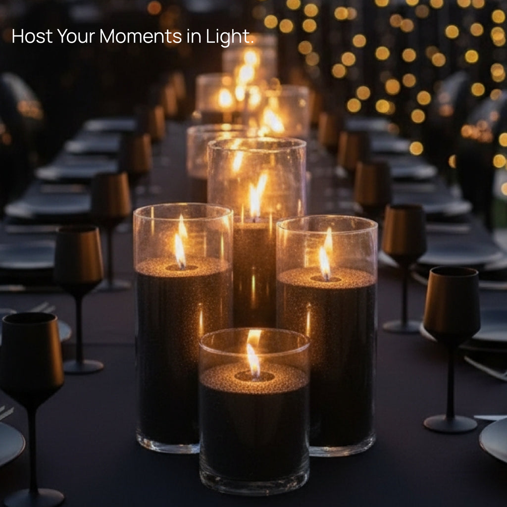 A long dinner table beautifully decorated with glowing Tula Pearled Candle Sand candles in glass containers, surrounded by matte black tableware and warm string lights in the background, creating an elegant evening ambiance.