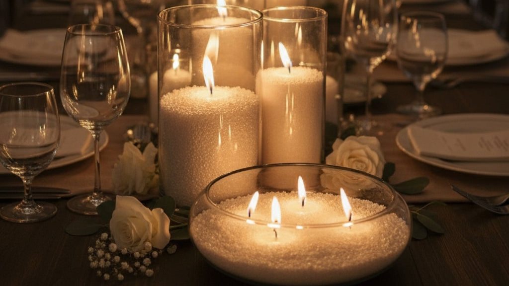 Romantic wedding table setup featuring glowing Tula Pearled Candle Sand candles in glass vases, surrounded by white roses and wine glasses. The warm candlelight creates an intimate and elegant atmosphere perfect for weddings, receptions, and special events.