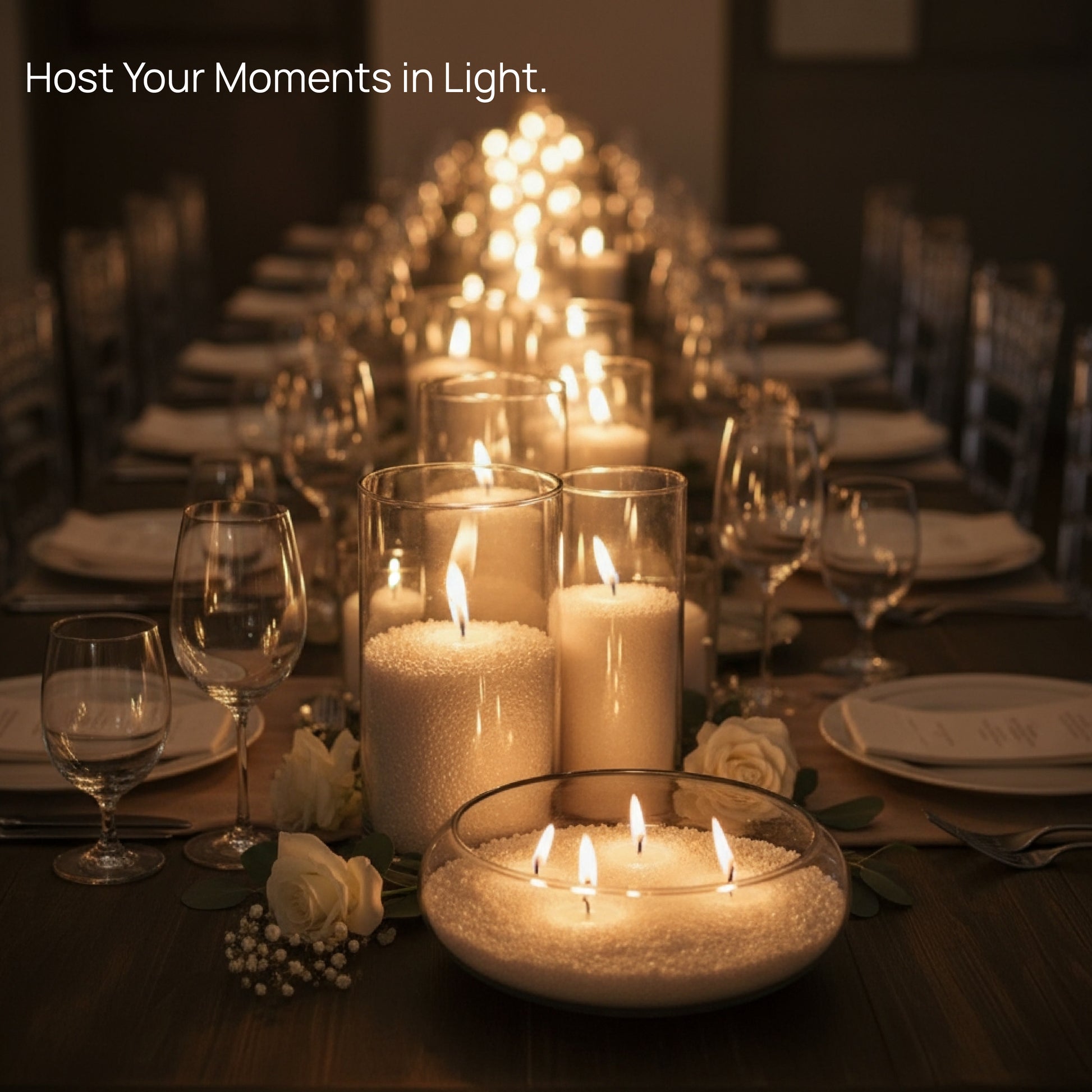 Romantic wedding table setup featuring glowing Tula Pearled Candle Sand candles in glass vases, surrounded by white roses and wine glasses. The warm candlelight creates an intimate and elegant atmosphere perfect for weddings, receptions, and special events.