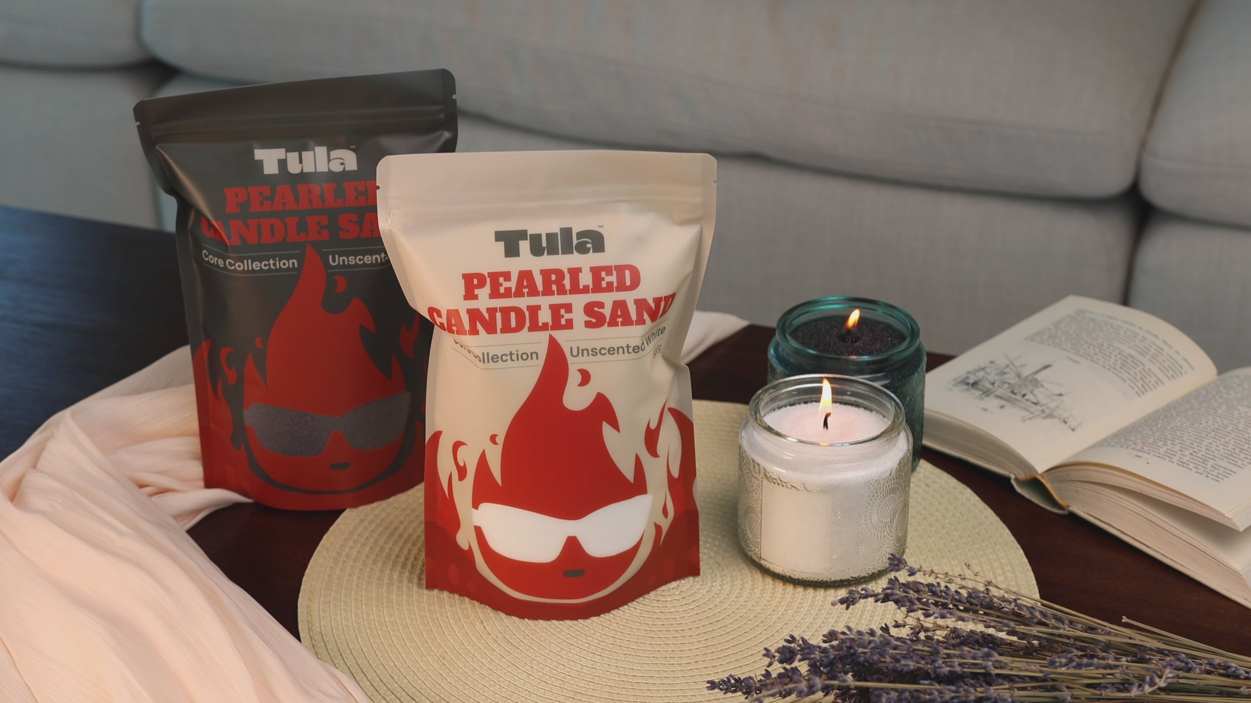 Full overview of Tula Candle Sand, a refillable, unscented candle alternative made with plant-based pearled wax. Includes step-by-step usage with cotton wicks, clean-burning flame in ceramic and wood containers. Ideal for weddings, event styling, home decor, and conscious gifting.