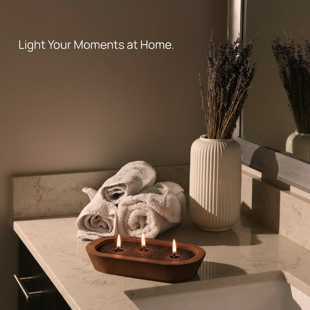 Tula black candle sand glowing in a dark wooden bowl on a bathroom vanity with rolled towels and a ceramic vase of dried lavender. Calming spa-like ambiance ideal for self-care, stress relief, home rituals, and intentional living. Text overlay reads “A Moment Just for You.
