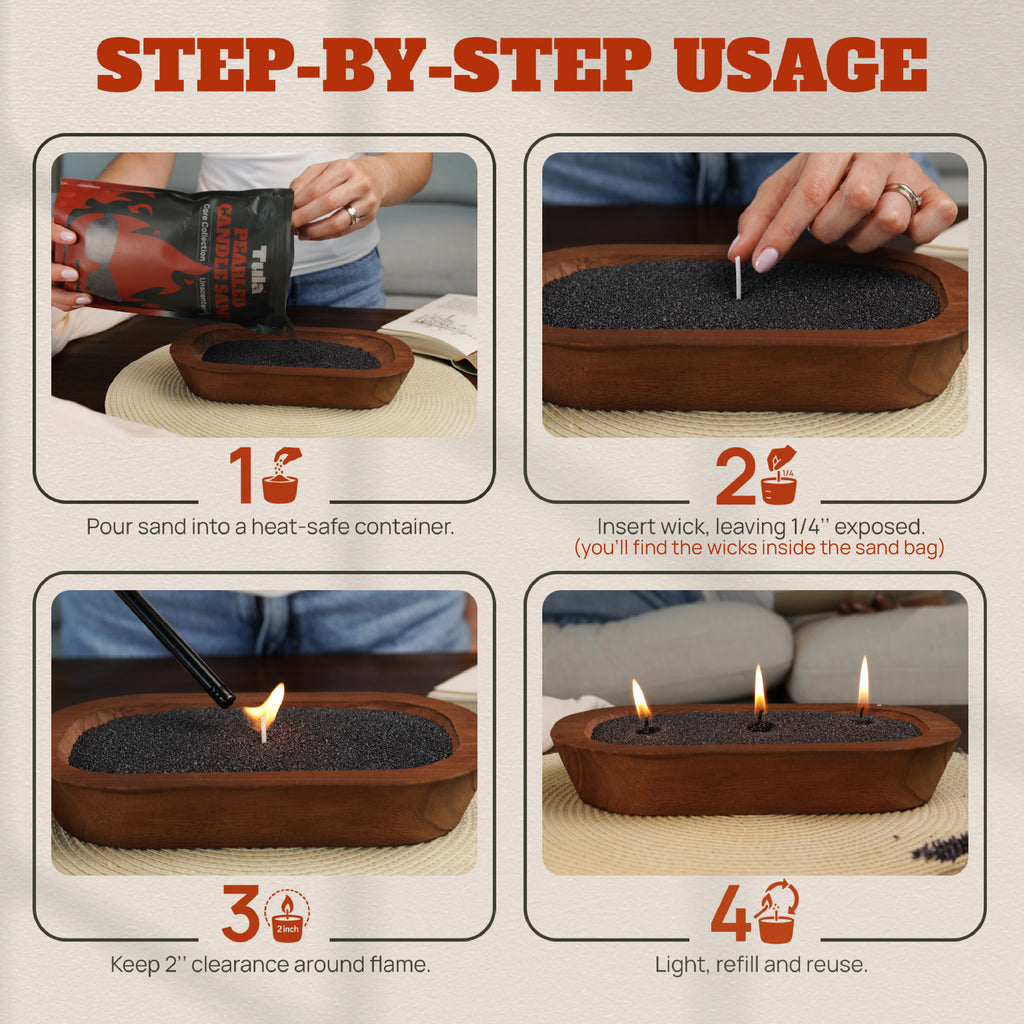 Step-by-step visual guide for using Tula black candle sand. Instructions include: pouring sand into a heat-safe container, inserting the wick with ¼" exposed, maintaining 2" clearance around the flame, and relighting as needed. Ideal for DIY candle lovers and eco-friendly home rituals.