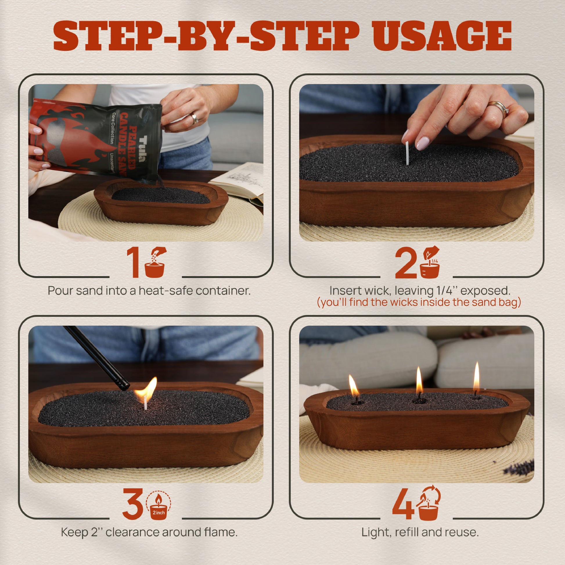 Step-by-step visual guide for using Tula black candle sand. Instructions include: pouring sand into a heat-safe container, inserting the wick with ¼" exposed, maintaining 2" clearance around the flame, and relighting as needed. Ideal for DIY candle lovers and eco-friendly home rituals.