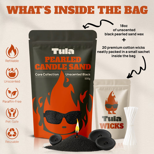 Refillable candle kit / candle sand kit. Tula Black Pearled Candle Sand Kit showcasing 500g of unscented plant-based wax pearls and 20 cotton wicks. Visuals highlight product features including refillable, unscented, paraffin-free, pet-safe, and reusable. Ideal for eco-conscious candle lovers and gift buyers.