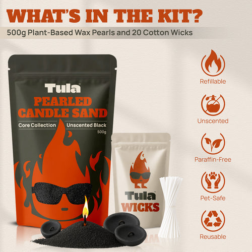 Refillable candle kit / candle sand kit. Tula Black Pearled Candle Sand Kit showcasing 500g of unscented plant-based wax pearls and 20 cotton wicks. Visuals highlight product features including refillable, unscented, paraffin-free, pet-safe, and reusable. Ideal for eco-conscious candle lovers and gift buyers.