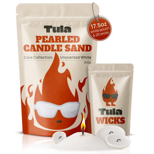 Refillable candle kit / candle sand kit. Tula Pearled Candle Sand Core Collection in unscented white, featuring 500g eco-friendly wax pearls and 20 cotton wicks. Product image on white background for clean presentation and high conversion.