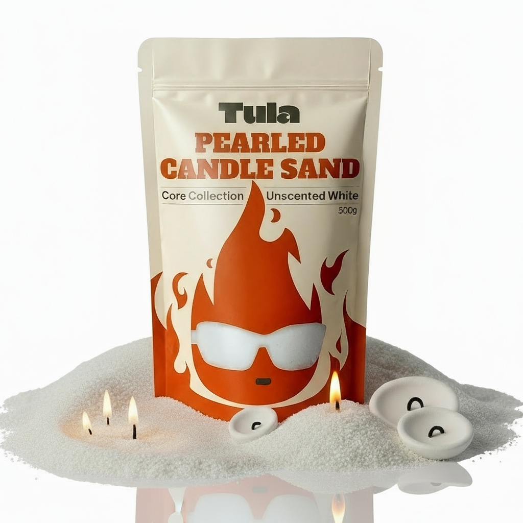 Refillable candle kit / candle sand kit. Tula Pearled Candle Sand Core Collection in unscented white, featuring 500g eco-friendly wax pearls and 20 cotton wicks. Product image on white background for clean presentation and high conversion.