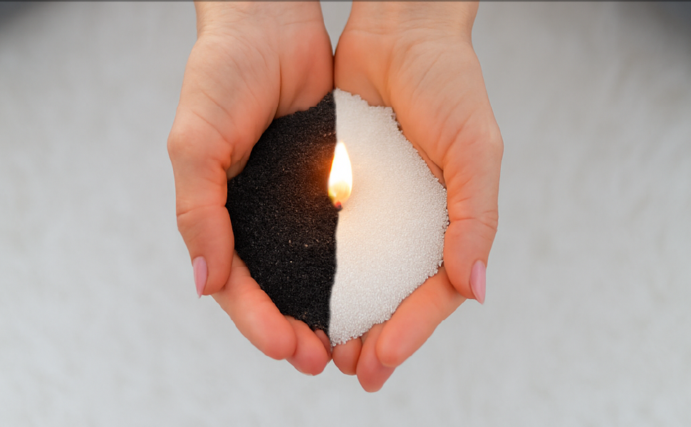 Hands holding a yin-yang shaped candle made of Tula's black and white pearled sand wax, with a single lit wick at the center. Symbolic, spiritual, and eco-conscious visual for branding and product storytelling.