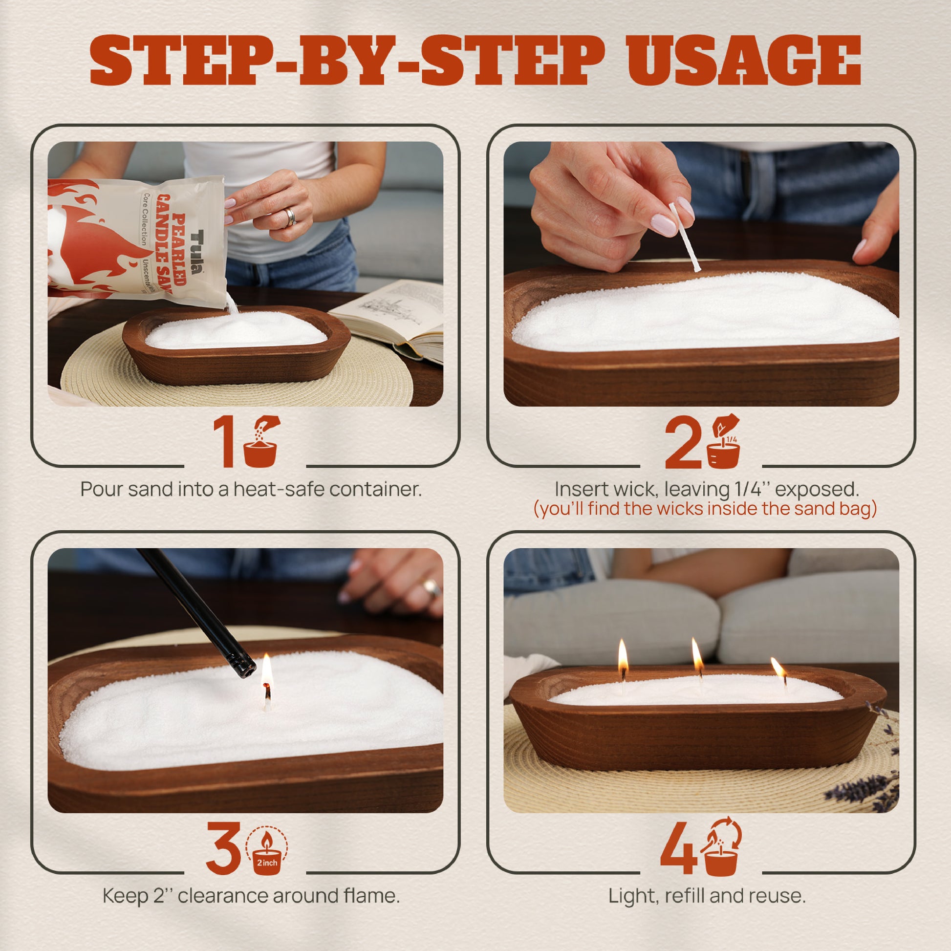 DIY candle making kit. Step-by-step guide showing how to use Tula’s refillable candle sand: pour into any heat-safe vessel, insert wick, light, and reuse. Easy, mess-free, and perfect for DIY, mindful rituals, and sustainable living.