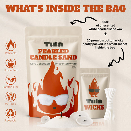 Refillable candle kit / candle sand kit. Tula candle sand kit showing 500g of plant-based wax pearls and 20 cotton wicks, highlighting features: refillable, unscented, paraffin-free, pet-safe, and reusable. Eco-friendly and designed for custom, intentional candle rituals.