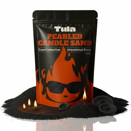 Refillable candle kit / candle sand kit. Tula Black Pearled Candle Sand packaging with 500g unscented wax pearls, cotton wicks, and flame display. Clean white background. Highlighting refillable, reusable, plant-based candle alternative for home decor, rituals, and gifting.
